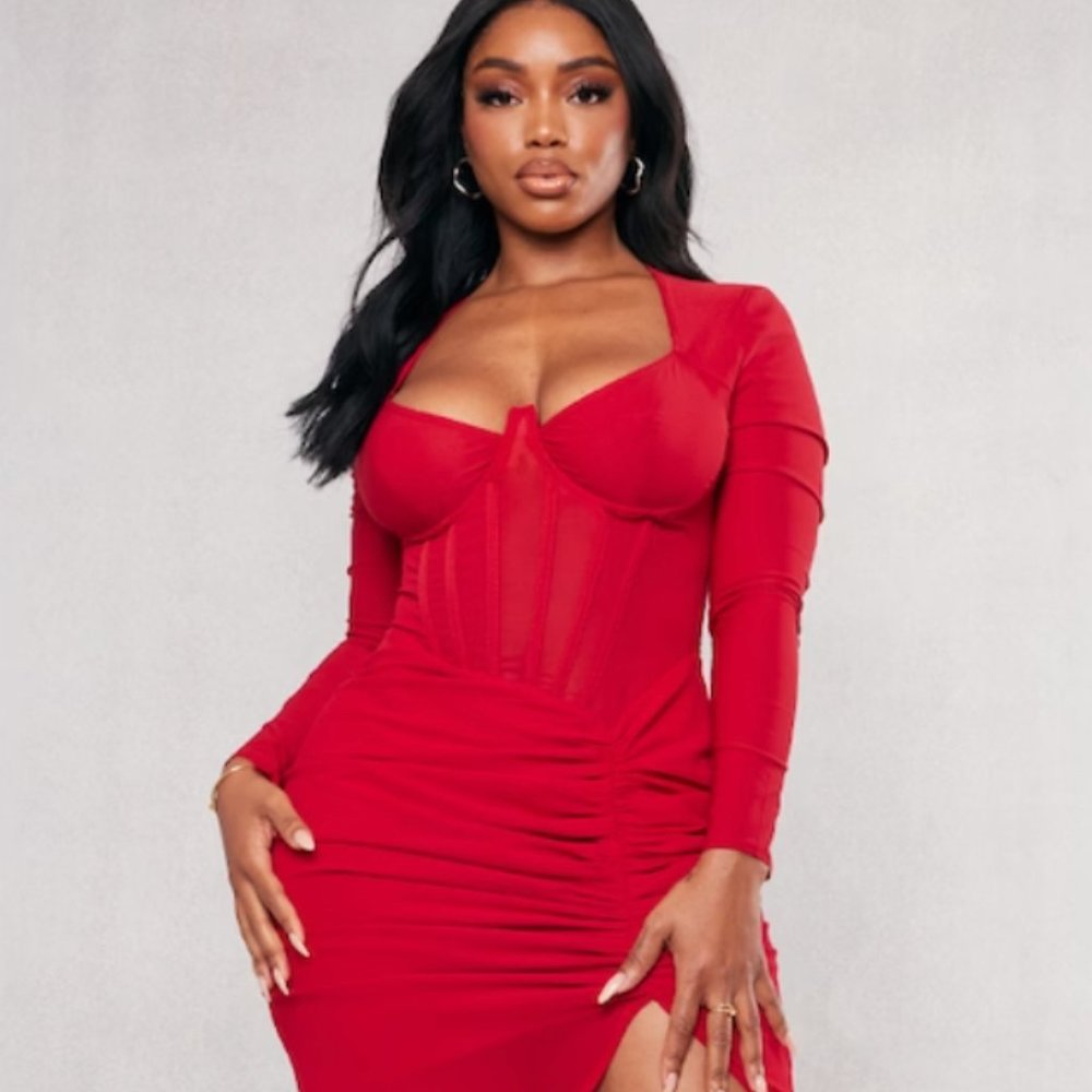 Prettylittlething Shape Red Corset Detail Long Sleeve Ruched Midi Dress